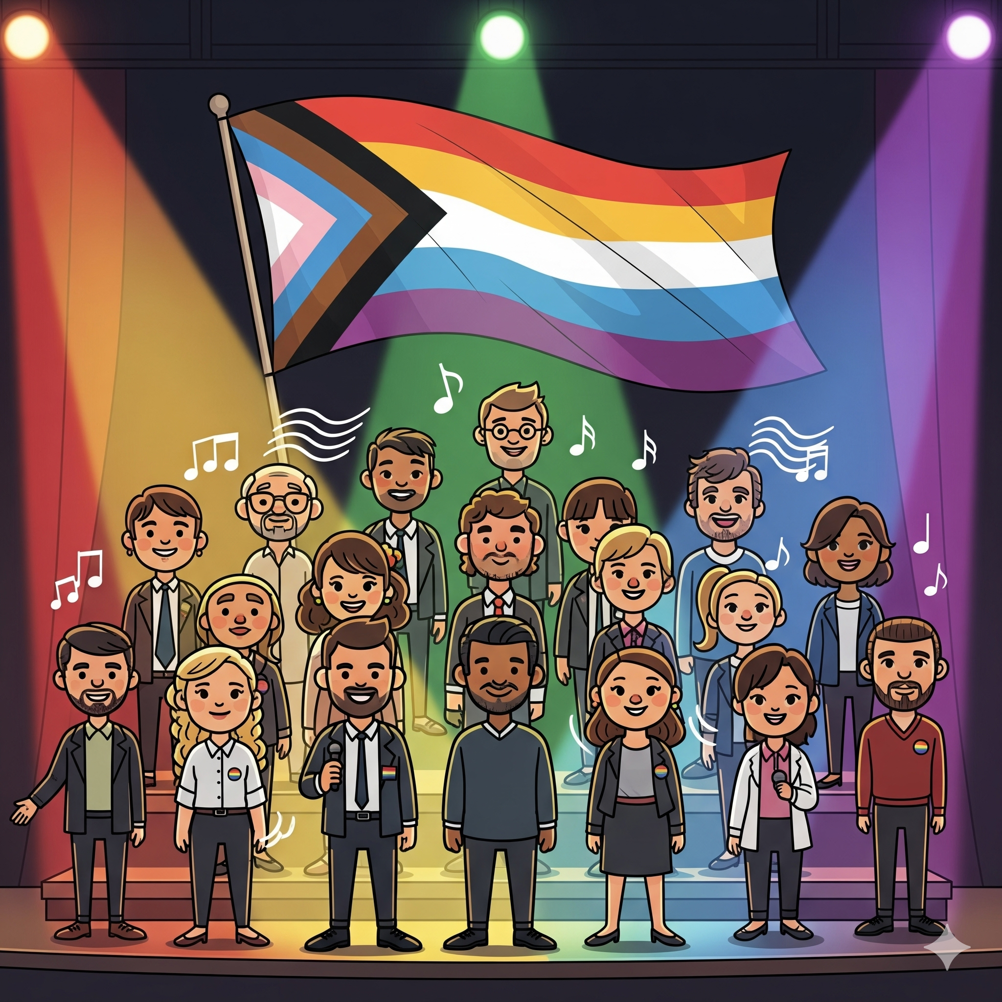 Choir singing joyfully on stage